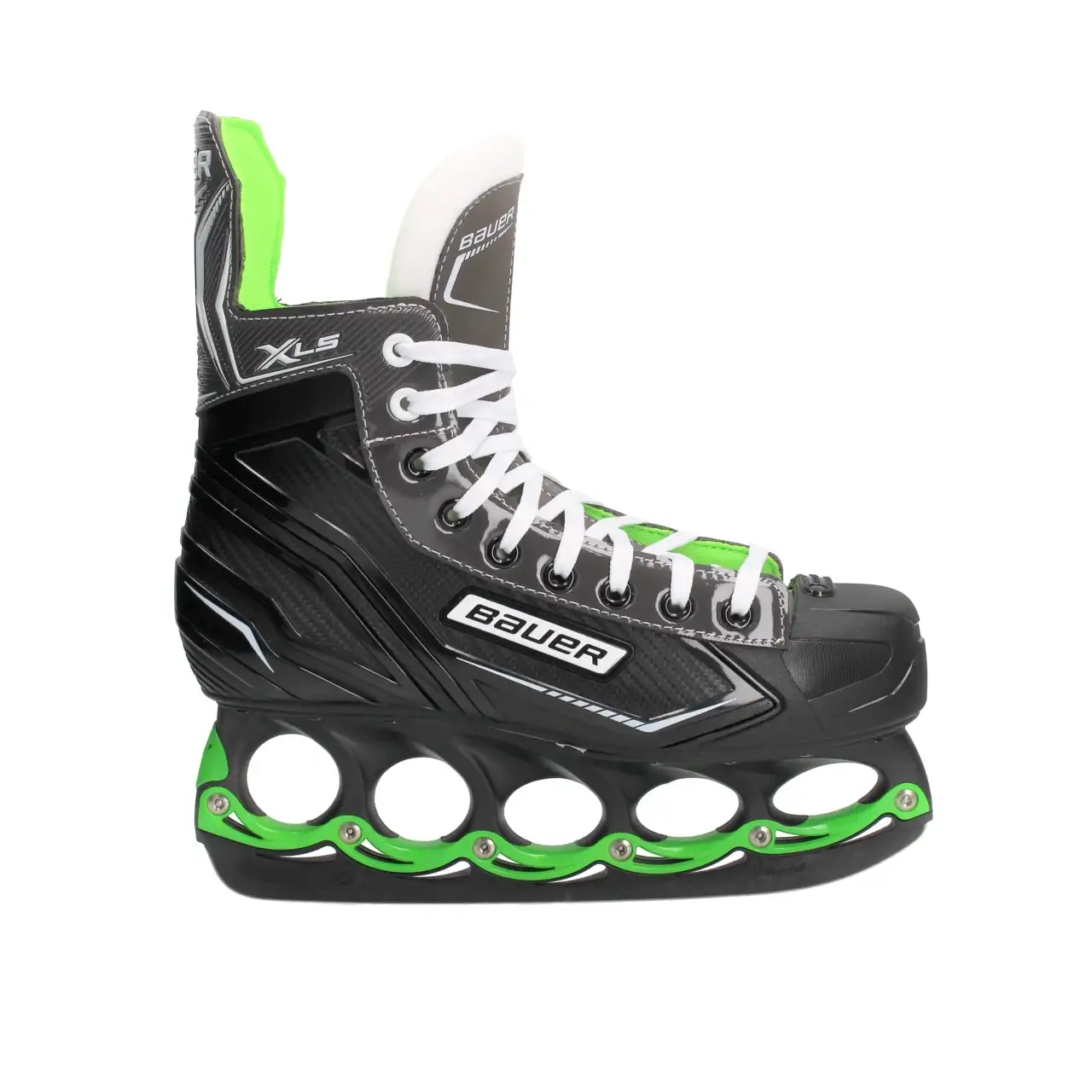 Detail eines Bauer Schlittschuhs mit schwarzem t-blade Holder, grünen Stabilisatoren und wechselbarem Runner