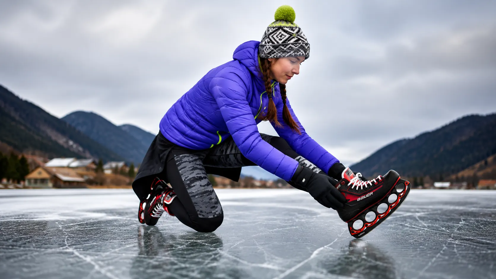 Eisläuferin in blauer Winterjacke auf einem gefrorenen See, die ihre t-blade Wechselkufen am Schlittschuh zeigt