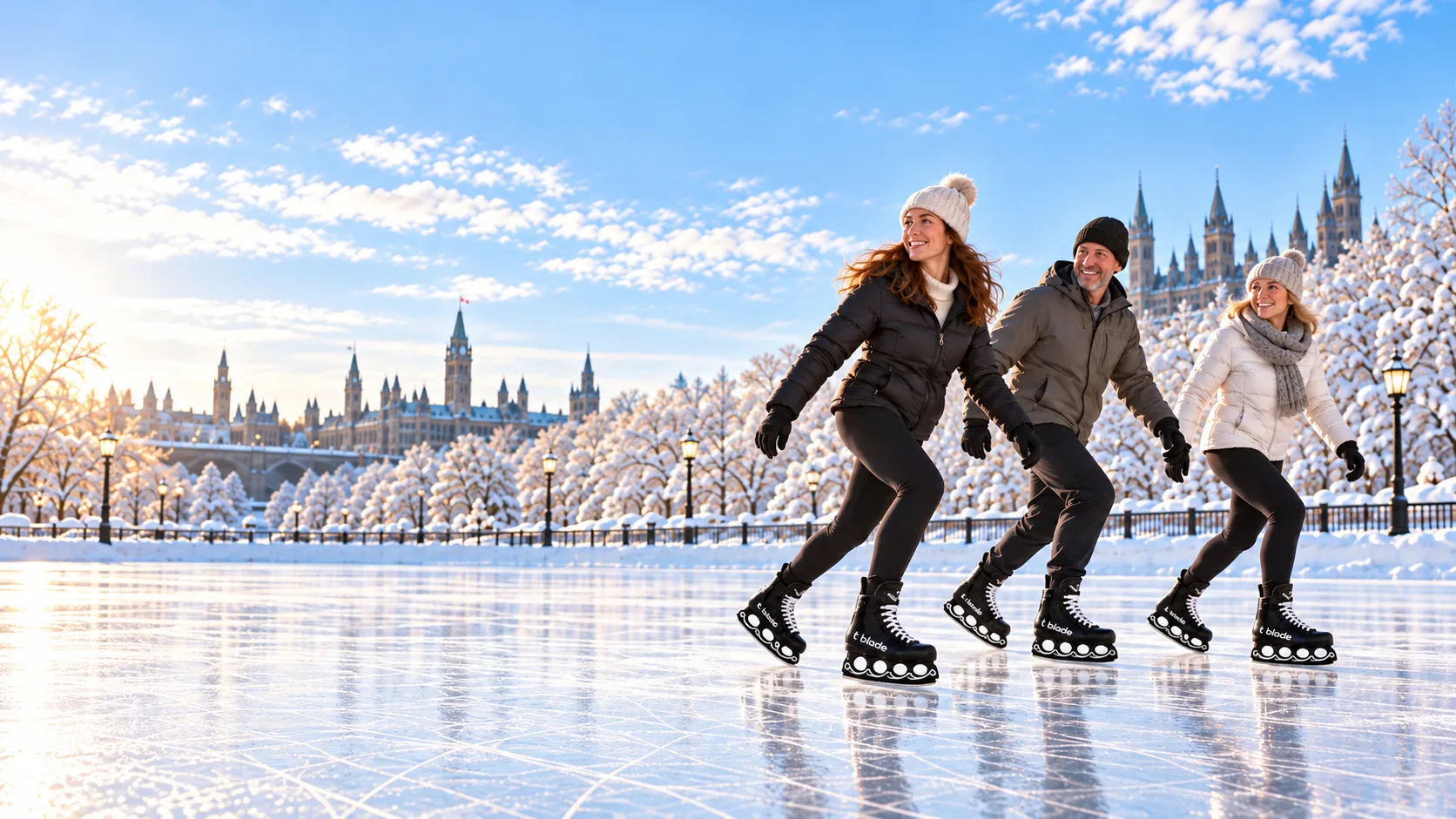 Drei erwachsene Freizeitläufer unterschiedlicher Altersgruppen auf einer winterlichen Eisbahn mit t-blade Schlittschuhen