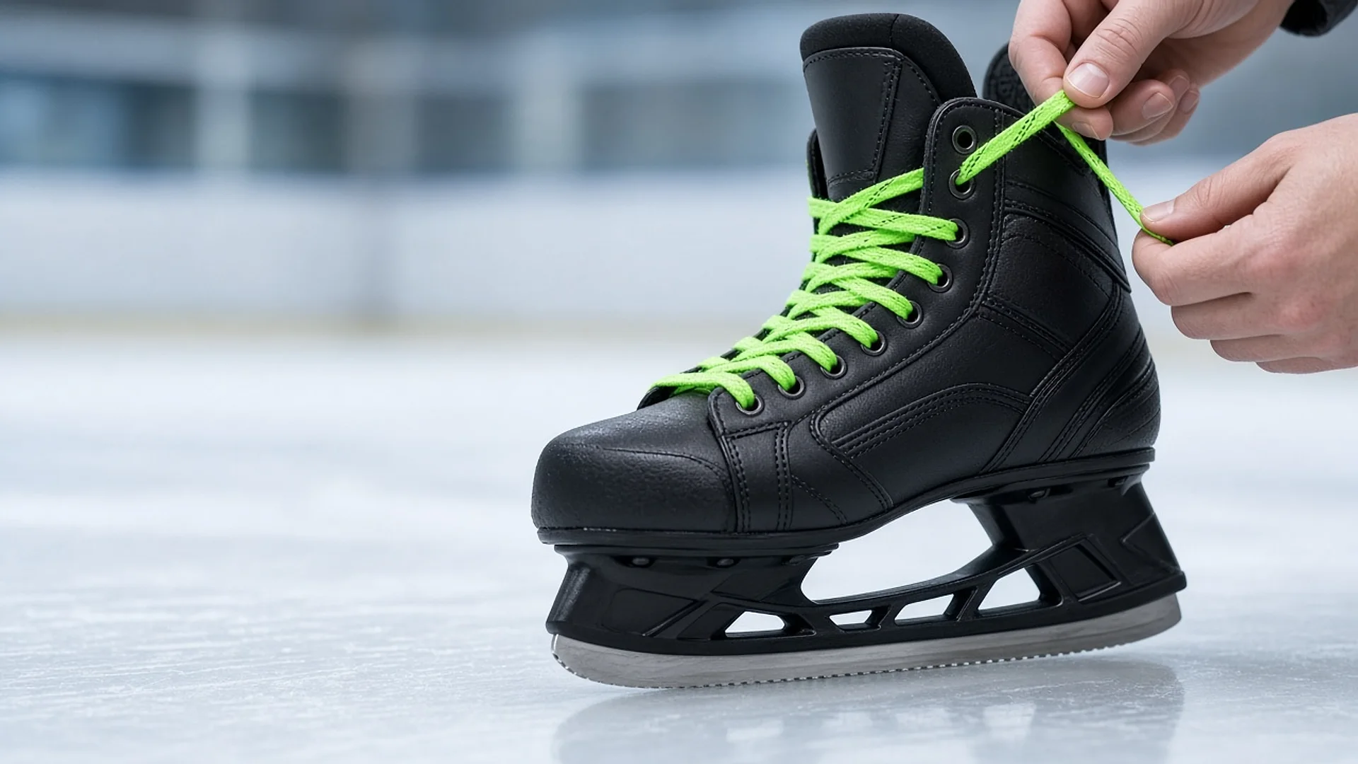 Hockey-schlittschuh mit farbigen gewachsten schnürsenkeln beim schnüren