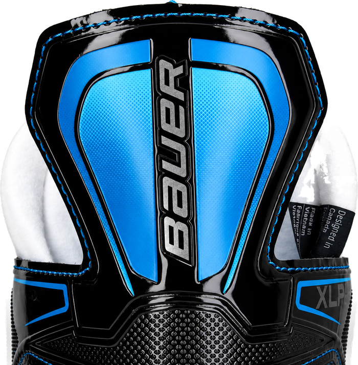 Padded ankle area of the Bauer X-LP 2.0 with white collar and blue shell