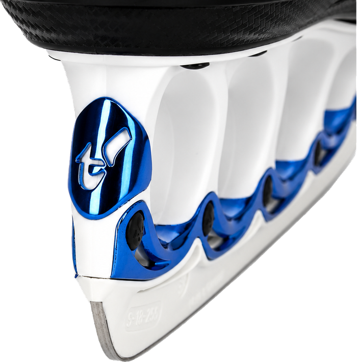 Detail of the t-blade interchangeable skid on the Bauer X-LP 2.0 with white holder and blue clip.