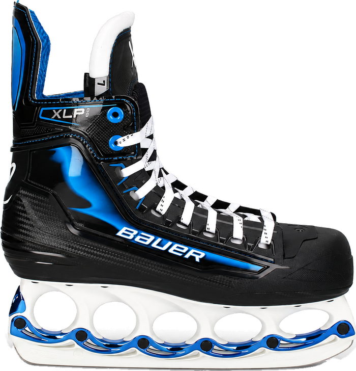 Bauer x-lp 2.0 t-blade core collection white, side view with white holder and blue stabilizers